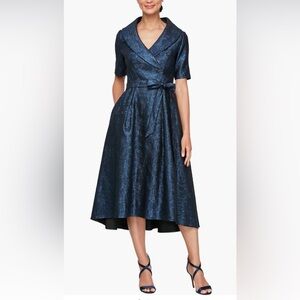 Alex Evenings Blue Jacquard Portrait Collar Cocktail Midi Dress